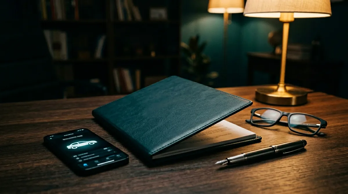 Biurko z dokumentami ubezpieczeniowymi i okularami do czytania