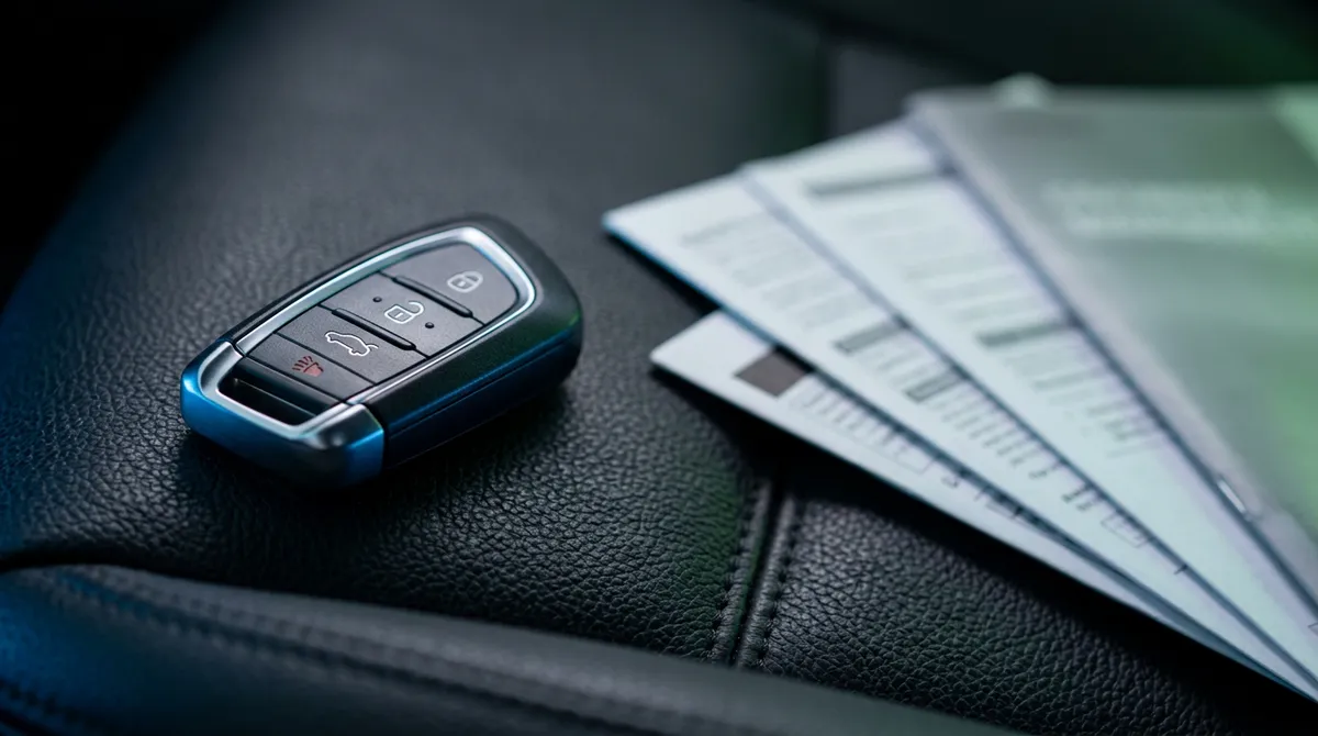 Kluczyki samochodowe obok papierów potwierdzających ochronę pojazdu