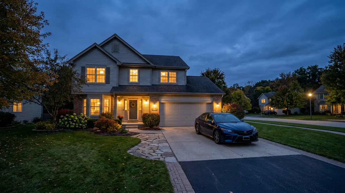 Samochód osobowy na podjeździe przy domu o zmierzchu